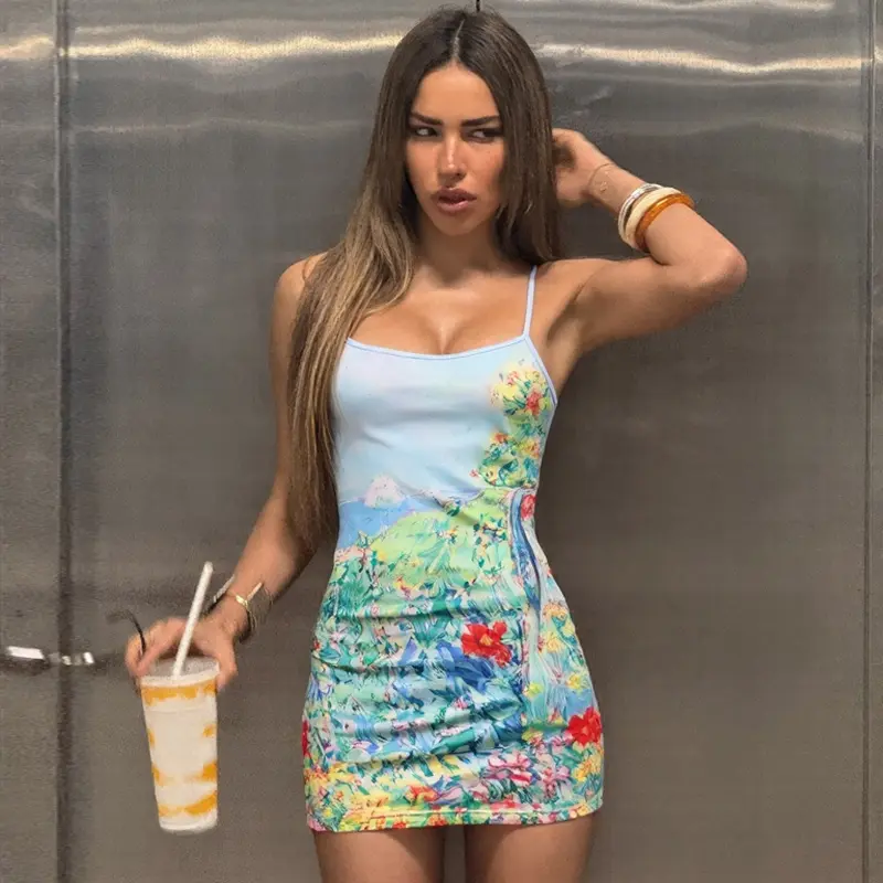 Women's Spaghetti Strap Square Neck Slim Fit Mini Dress with Oil Painting  Print 2026 Spring Summer New Arrival Dress Perfect for Garden Gatherings  Casual Outings Stylish Printed Short Dress - TikTok Shop
