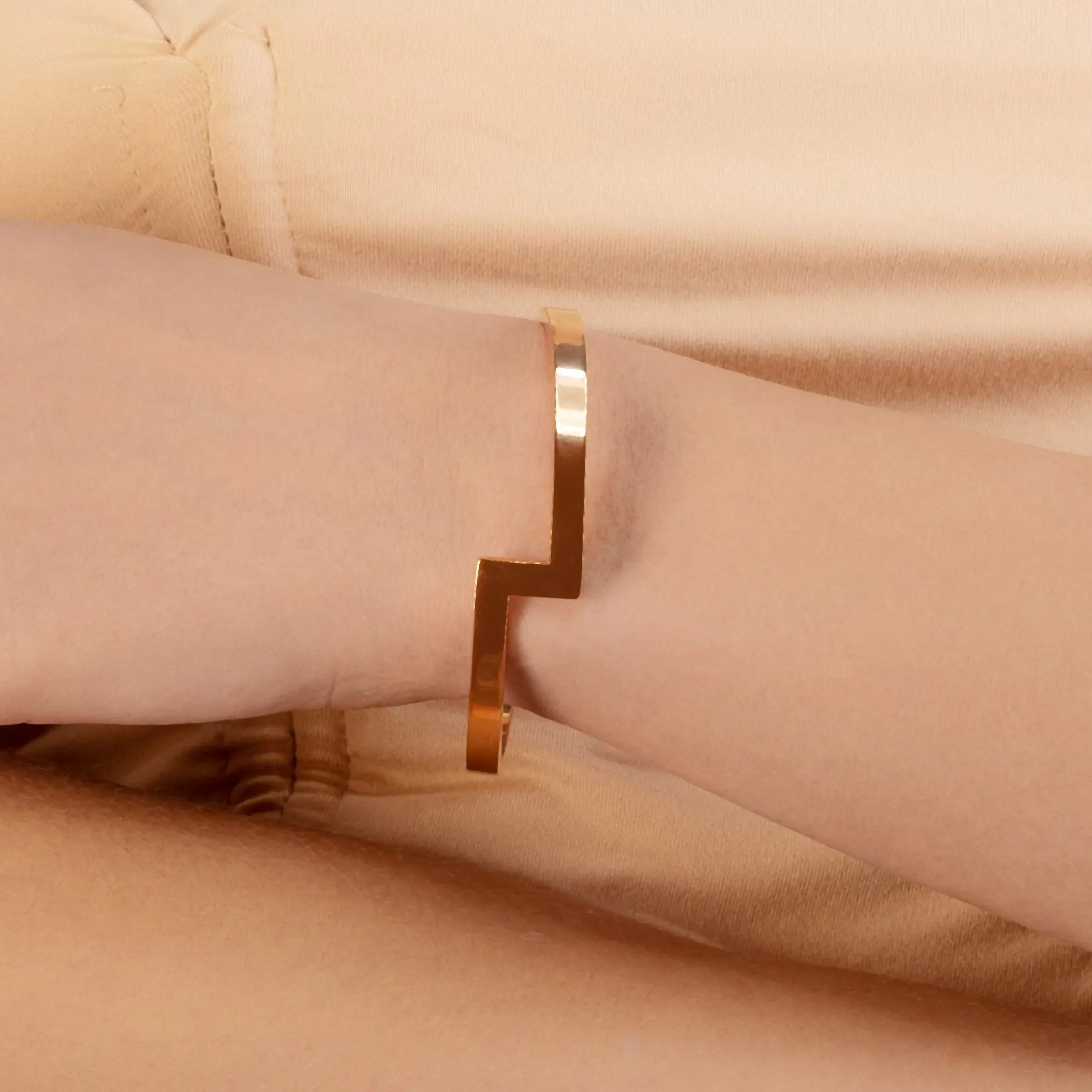 Bolt Zig Zag Bracelet Modern Minimalist Rose Gold Unisex Cuff Adjustable Stainless Steel E-Coated Hypoallergenic Gift
