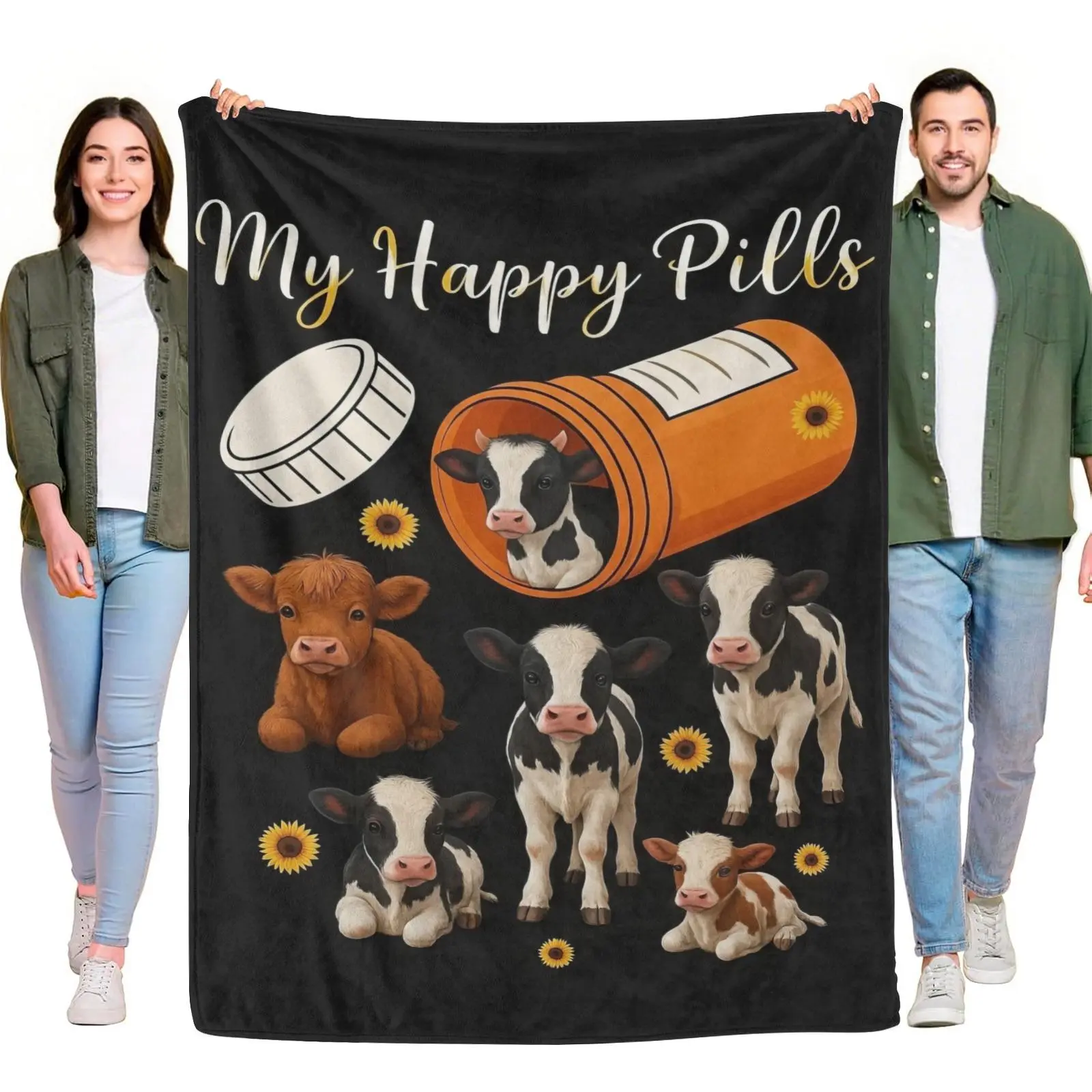 Flannel Throw Blanket My Happy Pills Cute Highland Cow Calf Sunflower Blanket Soft Lightweight Cozy Farm Animal Decor Blanket Bed Sofa Home Gift