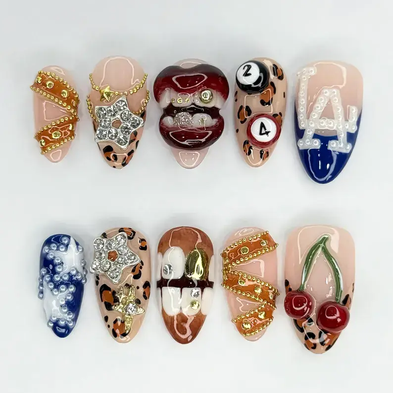 Y2K Retro Press-On Acrylic False Nails with 3D Lips, Cherry, Leopard Print, Gold Chains and LA Letters