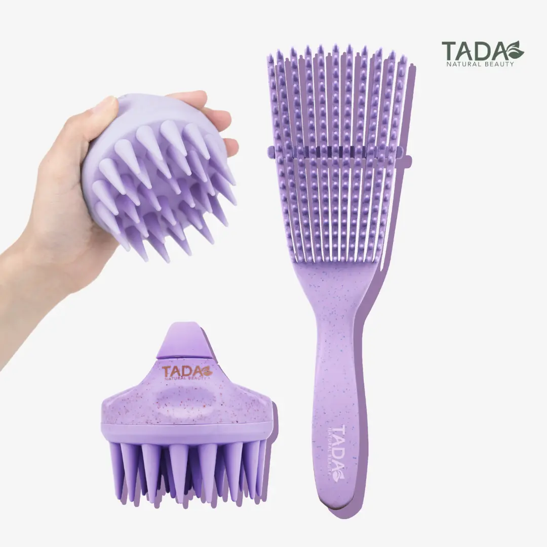 [TADA Natural Beauty] 2pcs Purple Shampoo Brush and Hairbrush Set Multi-Purpose Scalp Care Scalp Massager for Hair Growth and Hairbrush/Comb - Detangle Biodegradable Hair Care Essentials with Massaging Tips for Curly Hair Greenish Spring Self Care Kit