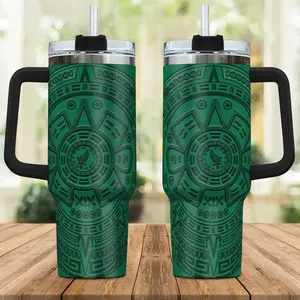 Aztec Calendar Mexico Eagle Tumbler, 40oz Green Embossed Pattern Travel Mug With Handle & Straw, Mexican Heritage Culture Graphic Cup, Birthday Gift for Men Dad Latino, Double Wall Insulated Stainless Steel Mug