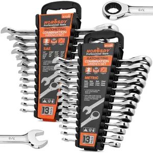 26-Piece Ratcheting Wrench Set| Metric and SAE| Ratchet Combination Wrenches Set with Organizer| 72-Tooth| Chrome Vanadium Steel| 6-19 mm & 1/4" to 3/4" (13-Piece Metric&SAE)