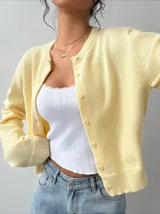 Y2K Style Short Fit Women's Knit Sweater, Long Sleeve Button Front, Casual Fall & Winter Outerwear, Comfortable Daily Wear