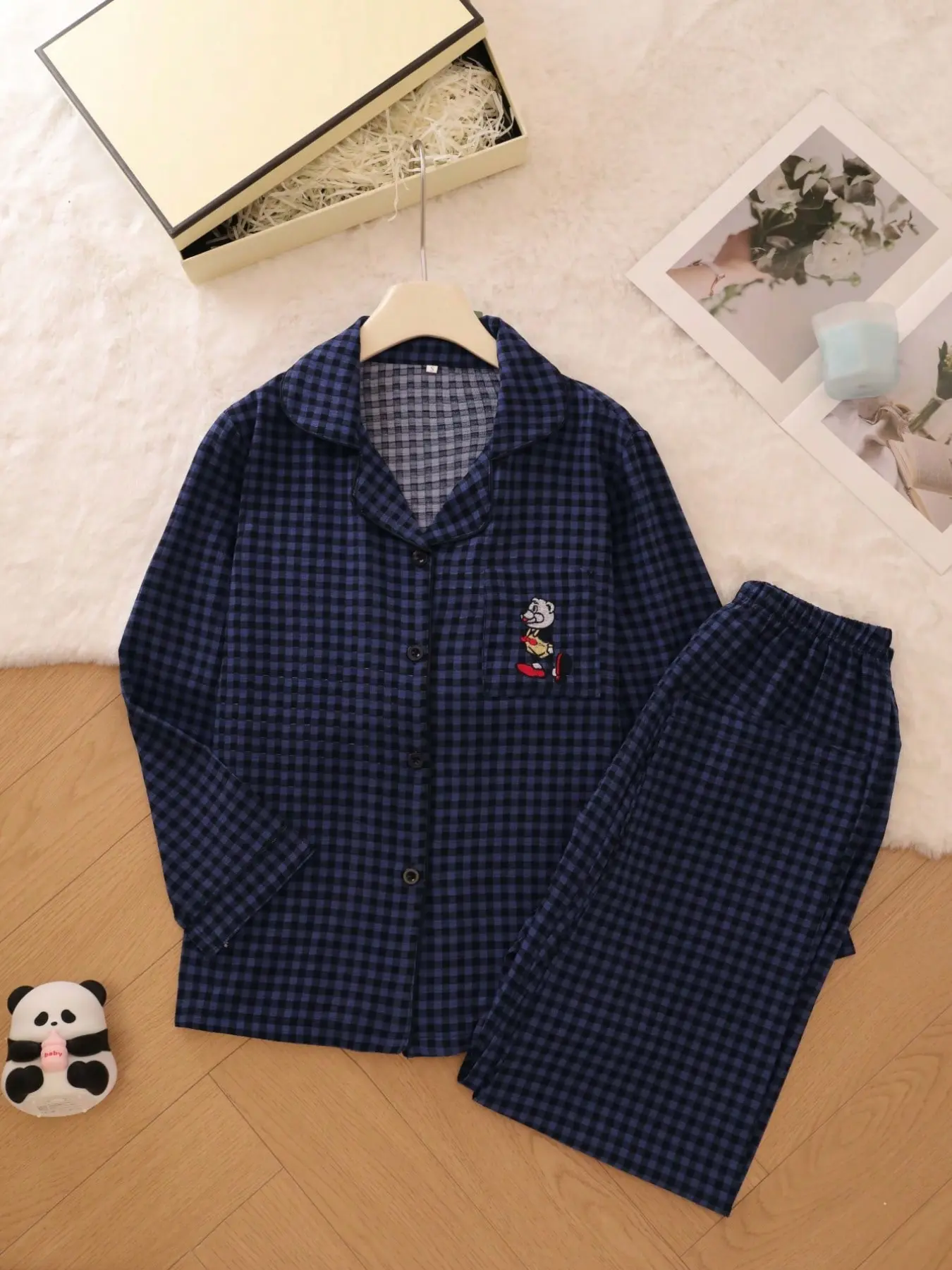 Plaid Loungewear Pajamas Set for Women, Casual PJ Set, Casual Pyjama Set, Sweet and Cute Collared Button-Up Top and Long Pants, Comfortable Sleepwear and Casual Wear