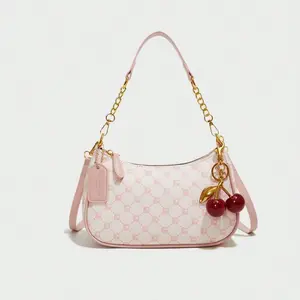 The New Fashion Classic Wild Letter Pattern Decoration Design Solid Color PU Waterproof Fabric Shoulder Crescent Bag Underarm Bag - Yellow Quilted PU Crossbody Bag with Cherry Charms, Gold Chain & Leather Strap, Versatile for Daily Shopping & Slung Wear
