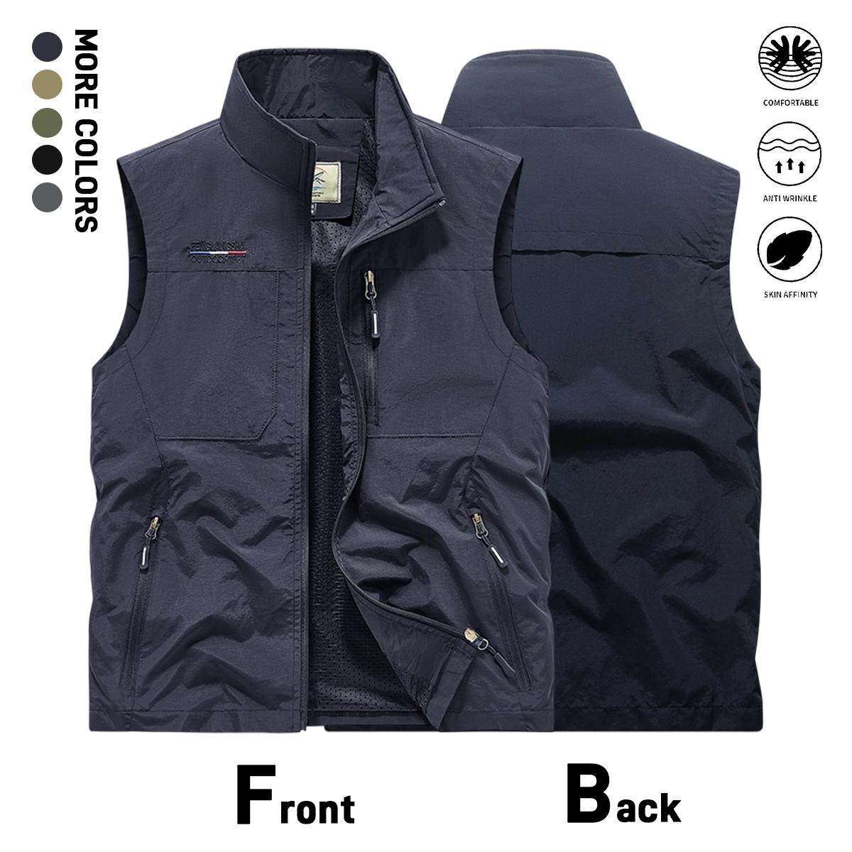 Men’s outdoor sleeveless vest, lightweight quick-dry zip-up stand collar cargo vest with multiple zippered pockets, casual vest for fishing, photography, and travel