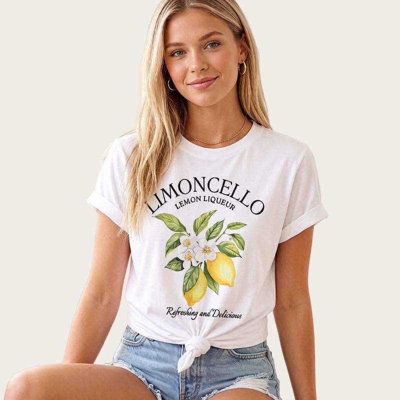 Women's Cotton Fitted Crew Neck Graphic Print Lemon & Letter Short-Sleeve T-Shirt - Sohochic Everyday Casual Top, Perfect for Going Out & Pairing with Jeans