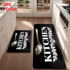 2/3pcs Soft Flannel Kitchen Mat Set, Silver Color Strainer, Vintage Scroll Pattern, Non-Slip, Absorbent, Home Decor,Black, Kitchen Rugs Sets