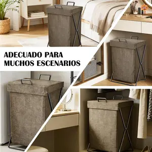 Cloth Laundry Hamper with Lid, Collapsible Canvas Organizer for Laundry Room, Home, Space-Saving Iron Frame, Brown Color, Durable and Space-Efficient