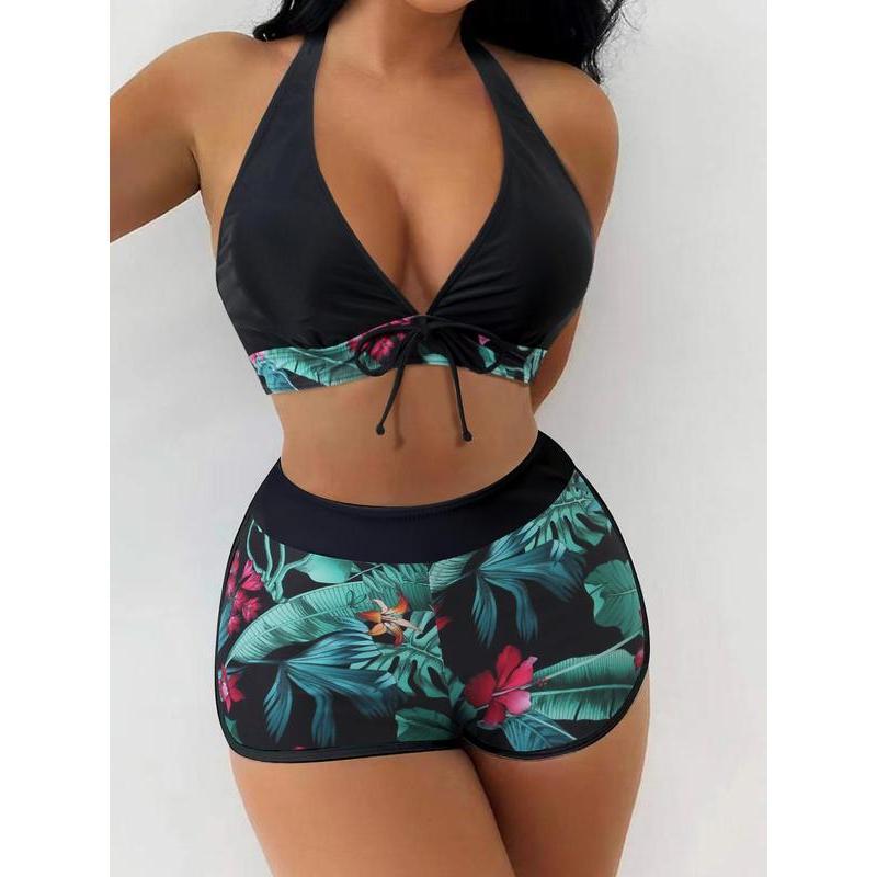 Two-Piece Set Women's Tropical Print Tie Front Halter Tankini Set, Casual Sleeveless Swim Top & Swim Shorts for Summer Beach Holiday Vacation, Summer Outfits 2024, Tankini Bathing Suits