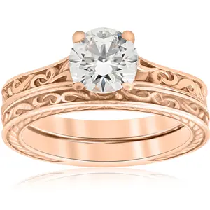 1ct Diamond Solitaire 14k Rose Gold Vintage Engagement Ring Wedding Band