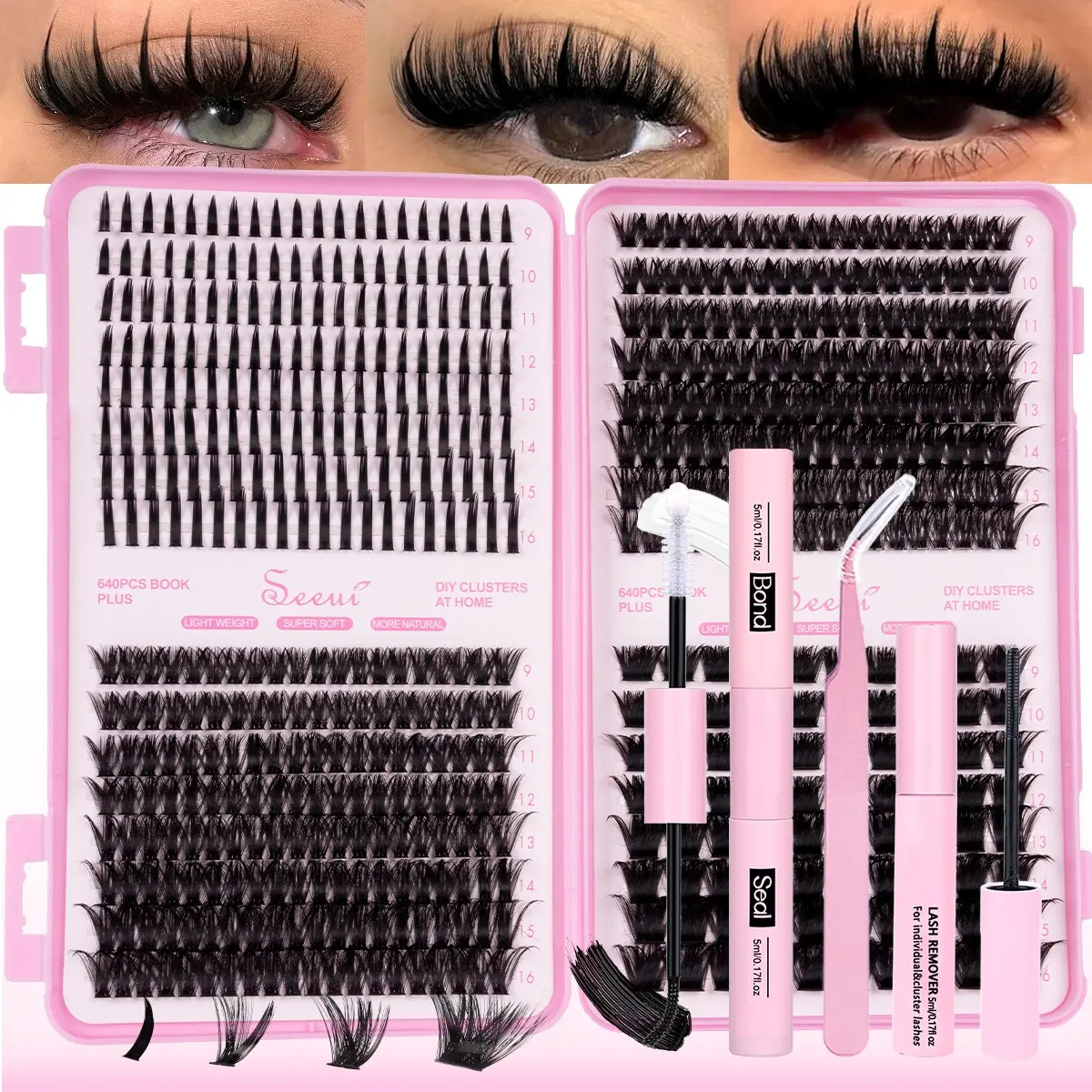 DIY Eyelash Clusters Kit, Dense Mixed Lengths, Dense Spikes 30D/40D/60D/80D/100D/120D/Mega-Thick 200D Lashes, Airy Manga Dense Lash, D Curl Individual Lashes, 9-16mm Mixed Style Dramatic Lash Clusters, Includes Bond&Seal, Remover and Eyelash Tweezers