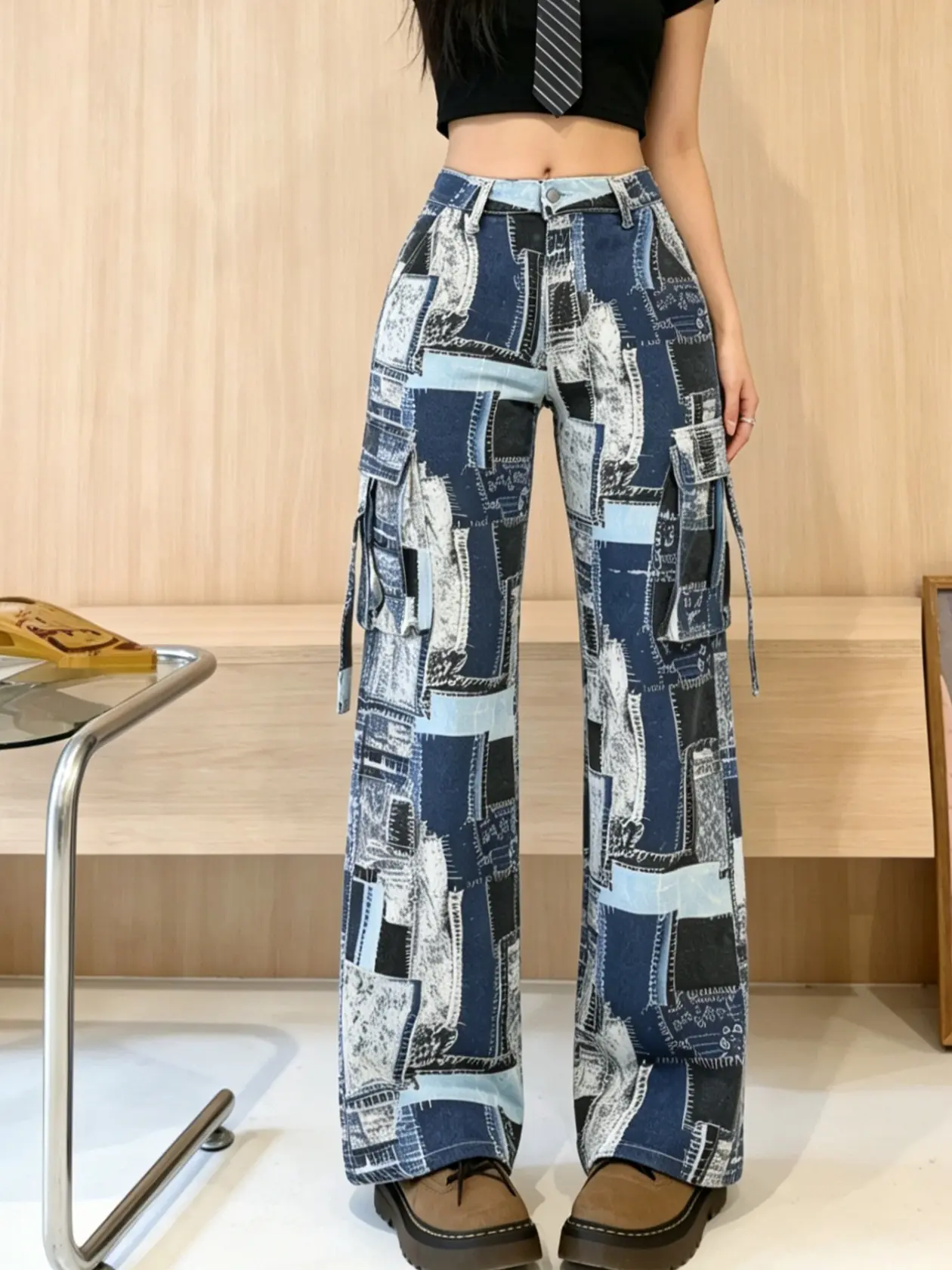Women Multi-Tone Spliced Patch Print Denim Cargo Pants,High Waist Detachable Strap Dual Side Oversized PocketRelaxed Full Length Floor-Grazing Wide Leg Trousers