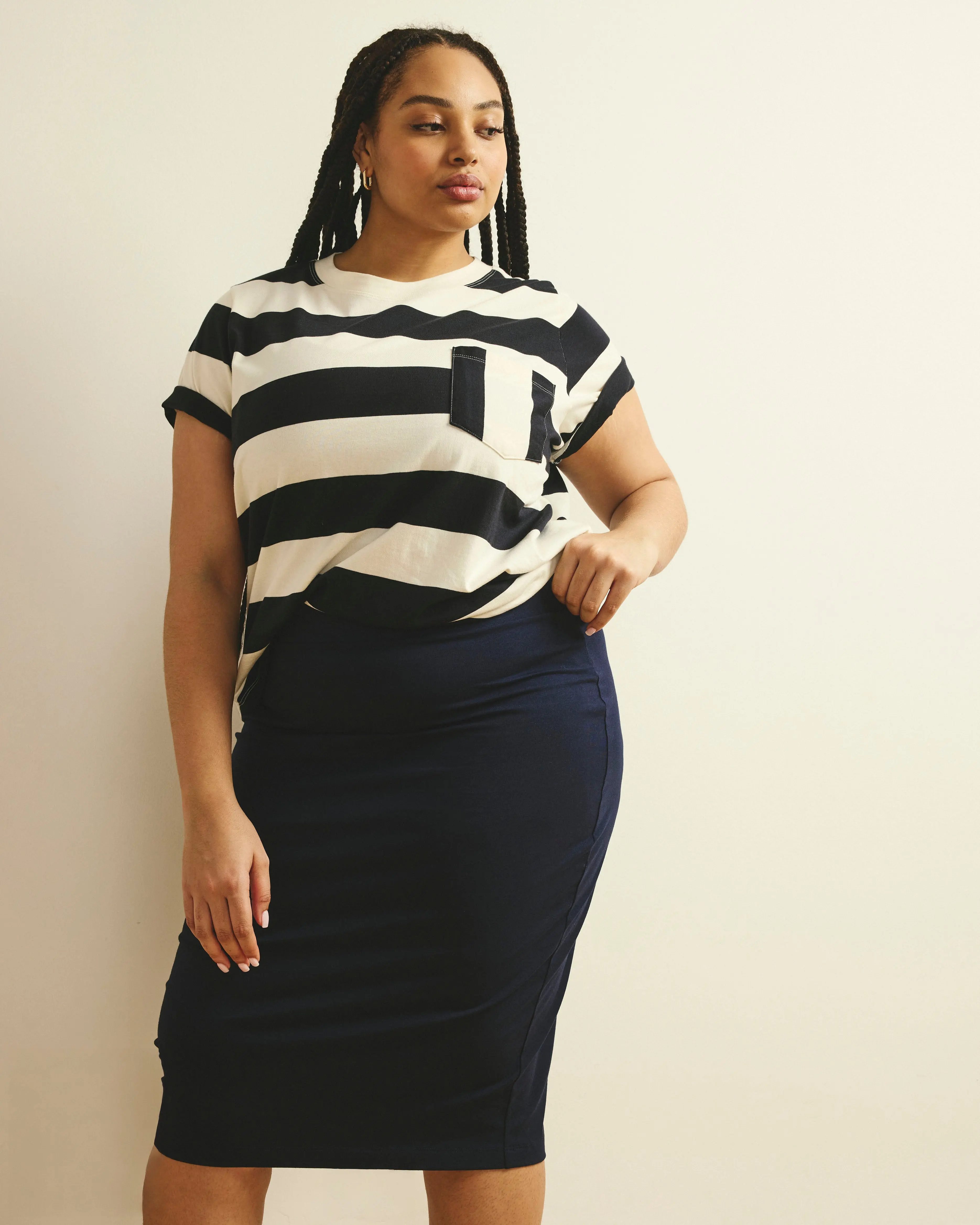 Women's Pencil Skirt in Smoothing Cotton Jersey Spandex Fabric, Pull-On Fashion Skirt with a Comfortable Flat Elastic Waist, Fashion Skirts