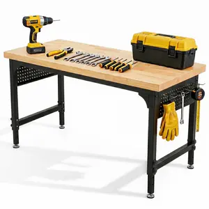 60‘’Adjustable Heavy Duty Workbench,60’‘×23''D×27.9''-43''H & 2300 LBS Hardwood Work Table with Pegboard, Power Outlet and Foot Pads, Work Bench for Workshop, Garage, Commercial, Office,FatherDayS Gift
