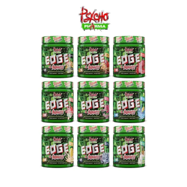 PSYCHO PHARMA EDGE OF INSANITY #1 Strongest Pre Workout Monstrous Pumps Razor Focus Elevated Mood Explosive Strength No Crash Or Tolerance 50/25 Servings