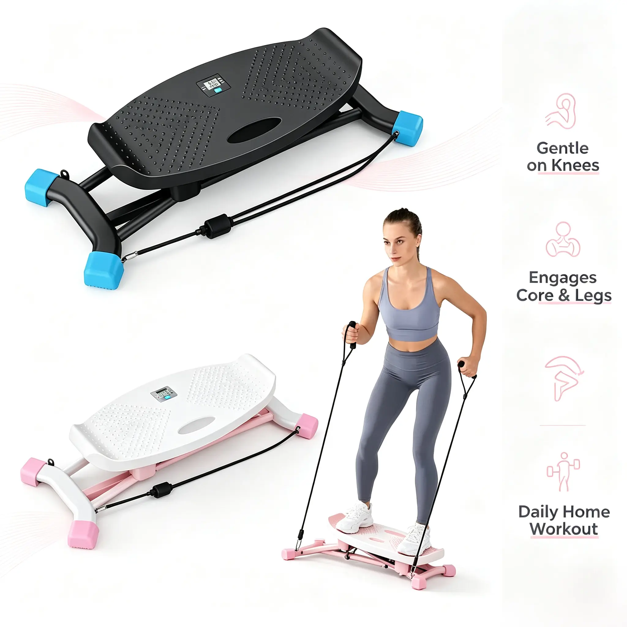 Home Ski Trainer Indoor Fitness Machine with Resistance Bands, Compact Silent Full Body Home Workout Equipment, Low Impact Joint Friendly Exercise Trainer with LCD Counter, Available in Black & White Pink for Daily Home Gym Training stepper stair