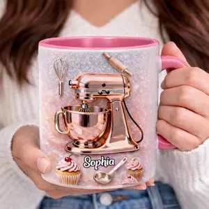 Personalized Baker Mug With Name, Baking Lover Coffee Mug, Pink Stand Mixer Cup, Custom Name Mug, Gift For Baker Woman
