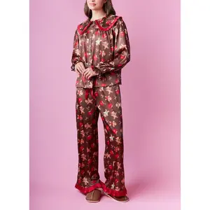 Women's Christmas Pajama Set 2 Piece Pink Polyester Pajamas with Ruffled Peter Pan Collar Festive Holiday Print Long Sleeve Nightwear Outfits for Women Comfortable Soft Sleepwear Set