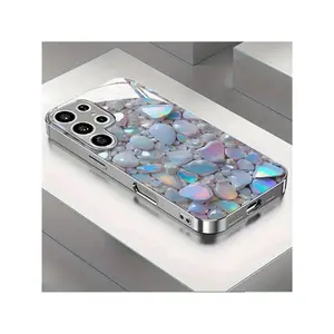 Colorful Pearlescent Small Stone Pattern Electroplated Silver New Phone Case For Samsung Galaxy S25/S24/S23/S22/S21/S20/Note 20/A11/A12/A13/A14/A15/A20/A21s/A22/A23/A24/A25/A31/A32/A33/A42/A34/A50/A51/A52/A53/A54/A55/A70/A71/A72/A73 Tempered Glass