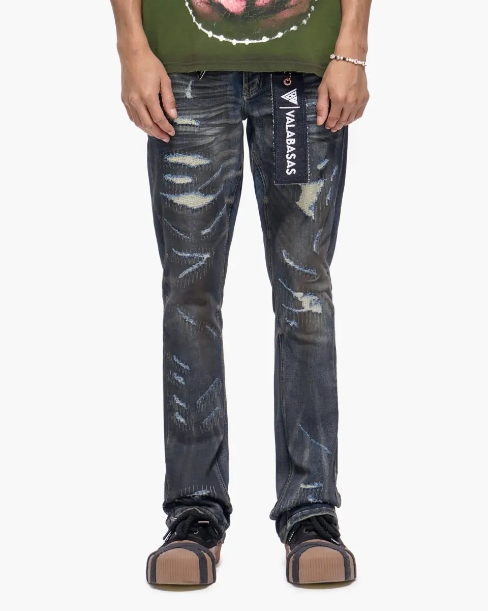 Men's Dirty Blue Stacked Fugitive Denim Jeans - Streetwear Pants for Sneaker Pairing, Sneakers, Dirty Wash, Casual, Cold Wash