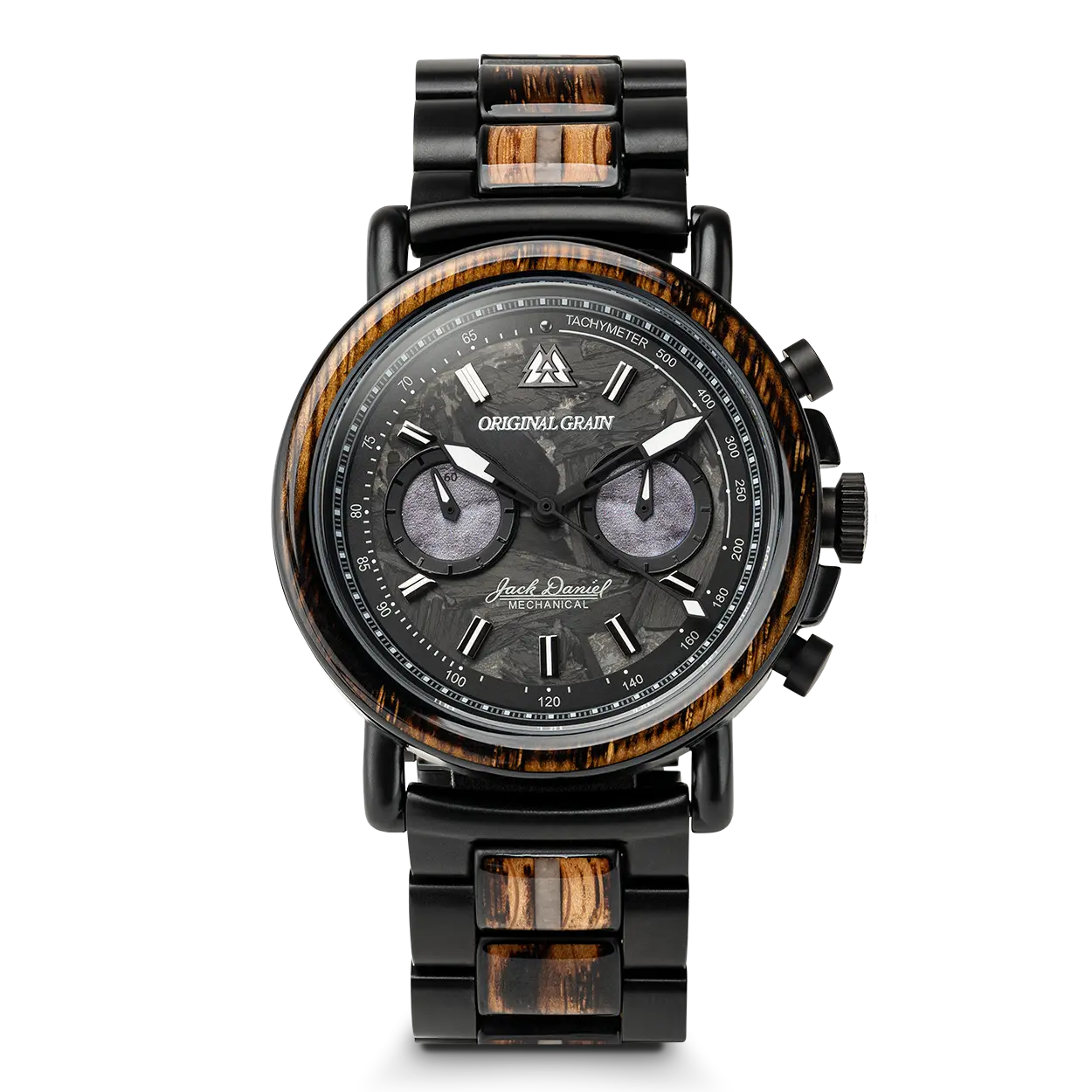 Men's Mechanical Analog Chronograph Watch with Whiskey Barrel Wood Inlay, Black Stainless Steel & Limestone Sub-Dials, 44mm