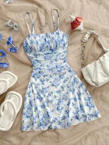 Summer Women's Dress, Floral Print Pattern Romantic Thin Strap A-Line Mini Casual Wear Dress, Party Date, Valentine's Day, Easter, Carnival, Beach Cruise, Afternoon Tea