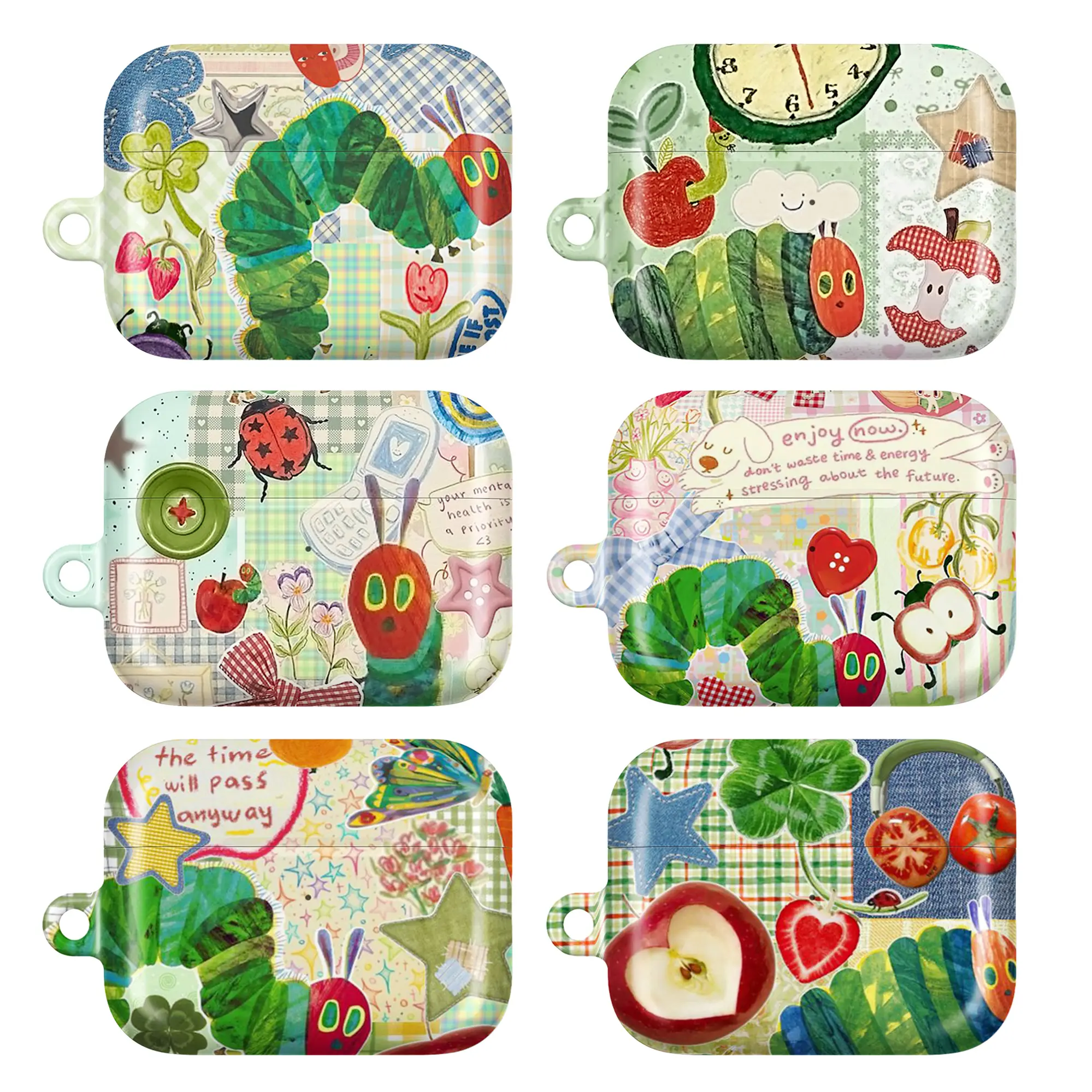 Cute Caterpillar AirPods Case Collection, Kawaii Fruit Collage Design with Strawberry, Tomato & Heart Details Cover for AirPods 4/3/2/1 & Airpods Pro 3/2/1, Whimsical Cartoon Aesthetic, Pastel Checkered Background, Adorable Gift for Women & Girls