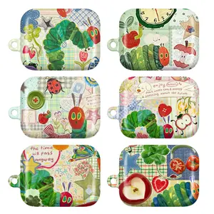 Cute Caterpillar AirPods Case Collection, Kawaii Fruit Collage Design with Strawberry, Tomato & Heart Details Cover for AirPods 4/3/2/1 & Airpods Pro 3/2/1, Whimsical Cartoon Aesthetic, Pastel Checkered Background, Adorable Gift for Women & Girls