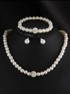 Faux Pearl Decorated Jewelry Set, Fashion Necklace, Beaded Bracelet & Stud Earrings, Party, Daily Clothing Decor, Birthday Gift