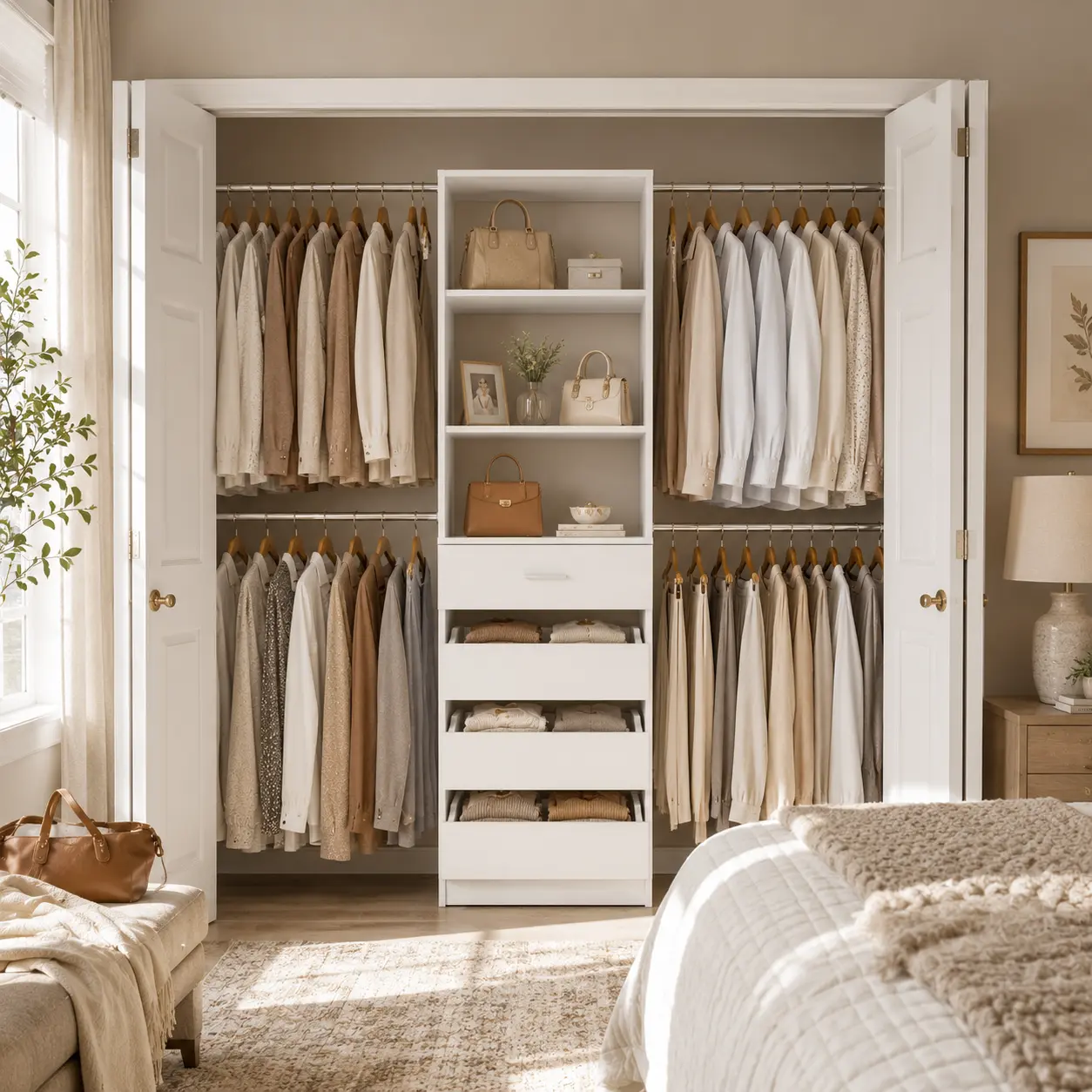 Heavy-Duty Built-to-Last Closet Dressers Organizer - Adjustable Storage Unit for Reach-in/Walk-in Closet, Small Room Ideas Wardrobe Cabinet with Expandable Rods, Clothing Rack, 4 Wooden Display Drawers