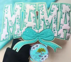 LARGE Mama Chenille & Sequin 11” Iron-On Patch DIY Teal & White Floral with adhesive