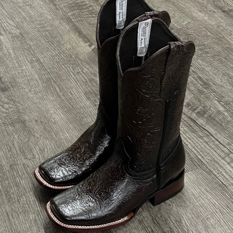 Esther Women's Square Toe Hand-tooled Boots Brown Western Style 100% Genuine Leather Rodeo Look Made in Mexico