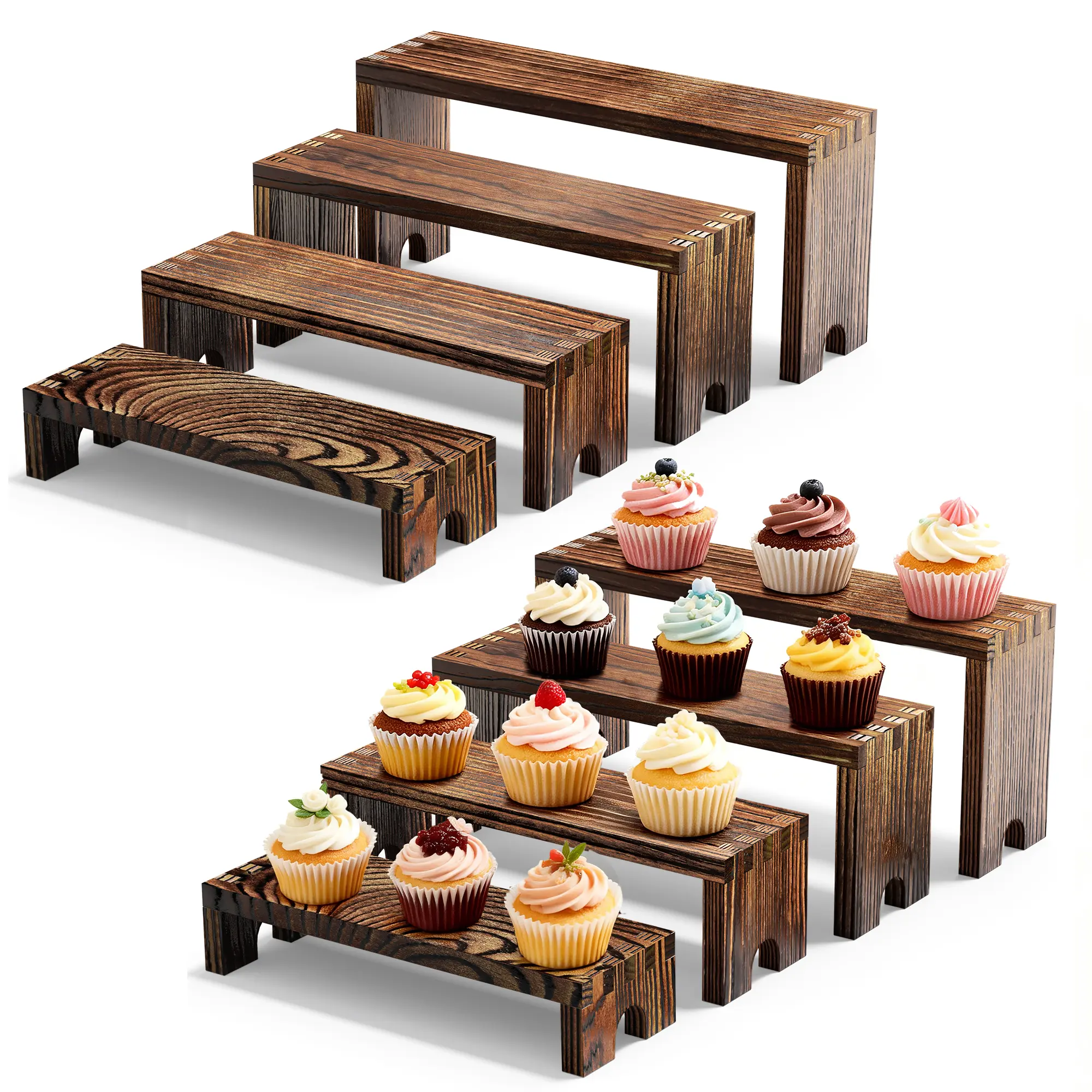 Wooden Cupcake Stand Set - 2-Set Stackable Sturdy Wood Display Shelf (8 Pcs) with Cupcake Holders, Ideal for Party, Wedding, Cheese Serving, Farmhouse Buffet Decor & Vendor Events, Farmers Markets