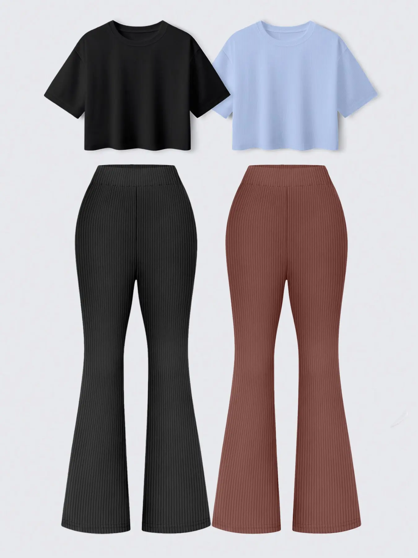 Elegant Short Top and High-Waisted Flare Pants Set, Casual Loose-Fit Four-Piece, All-Season Plain Style Clothing Set