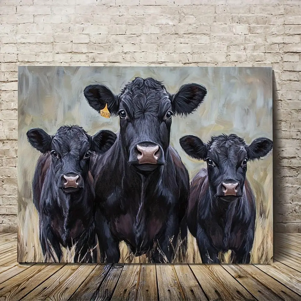 1pc Rustic Farmhouse Three Angus Cows Wall Art - 12x16 Inch Wooden Framed Canvas Painting, Vibrant Colors & Durable Canvas, Realistic Cow Painting for Living Room, Kitchen, Office Decor, Cow Print Room Decor, Detailed Texture Artwork, 2D Flat