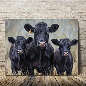 1pc Rustic Farmhouse Three Angus Cows Wall Art - 12x16 Inch Wooden Framed Canvas Painting, Vibrant Colors & Durable Canvas, Realistic Cow Painting for Living Room, Kitchen, Office Decor, Cow Print Room Decor, Detailed Texture Artwork, 2D Flat
