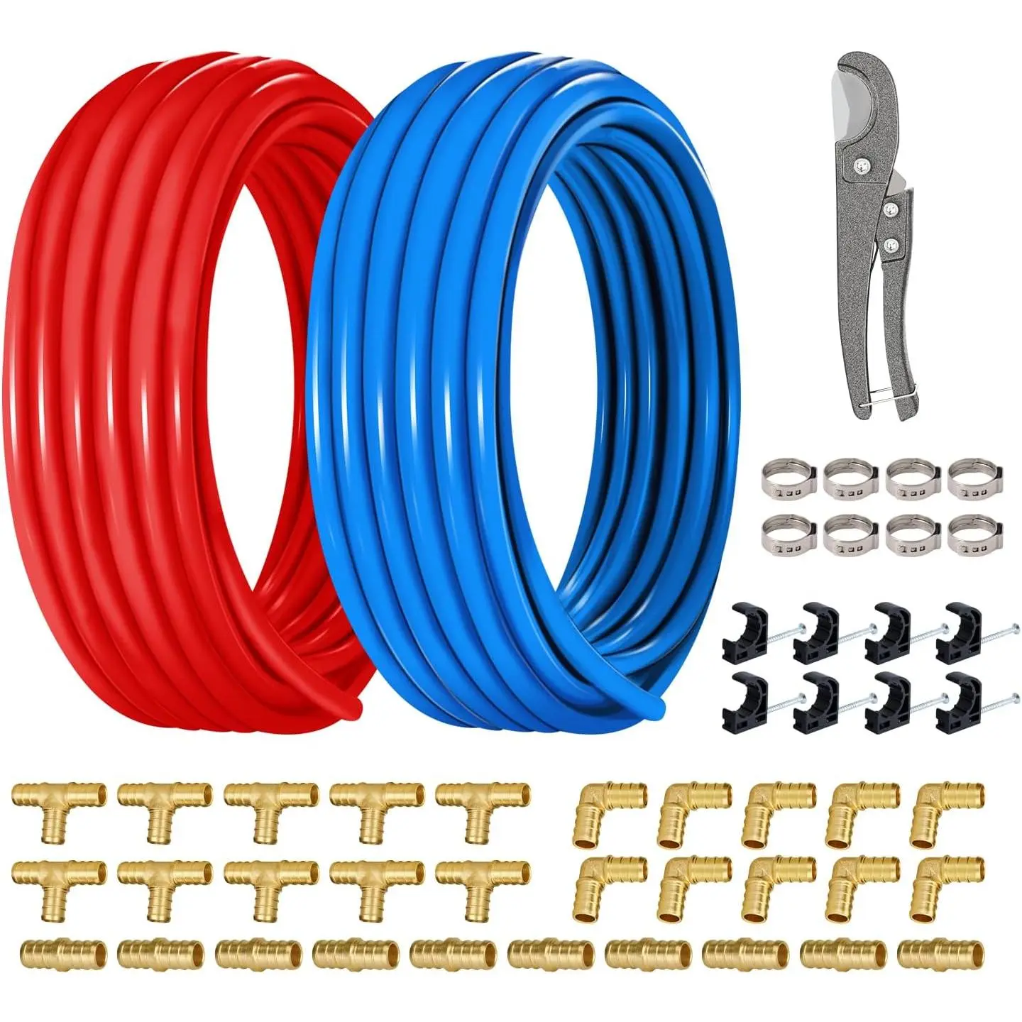 1/2'' Pex-B Pipe, 1/2'' Blue and Red Tubing (100 Feet x 2 Rolls) Kit, 1/2 Inch Pex Pipe for Portable Water, 1/2 Inch Plumbing Water Line with Installation Tools