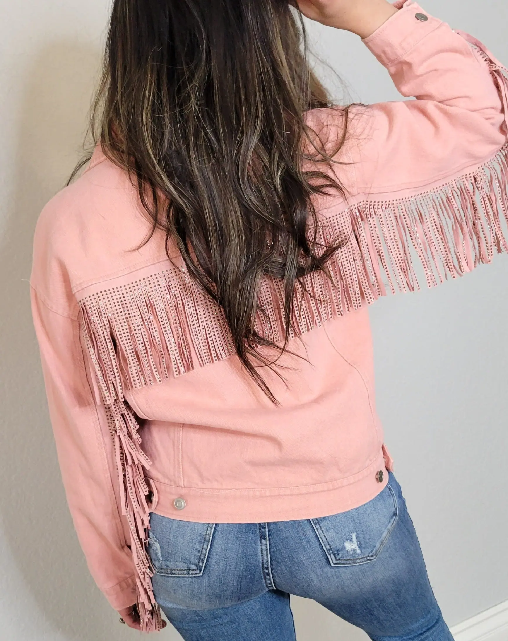 Twill Western Studded Fringe Jacket-Pink Twill Western Studded Fringe Jacket-Pink