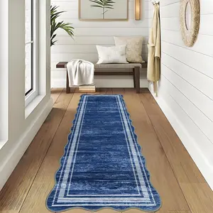 Garvee Scalloped Washable Runner Rugs for Hallway 2x6 Kitchen Runner Rug, Non Sip Bathroom Soft Rug Runner, Low Pile Modern Abstract Scalloped Indoor Carpet for Entryway Laundry Room Foyer, Navy Blue