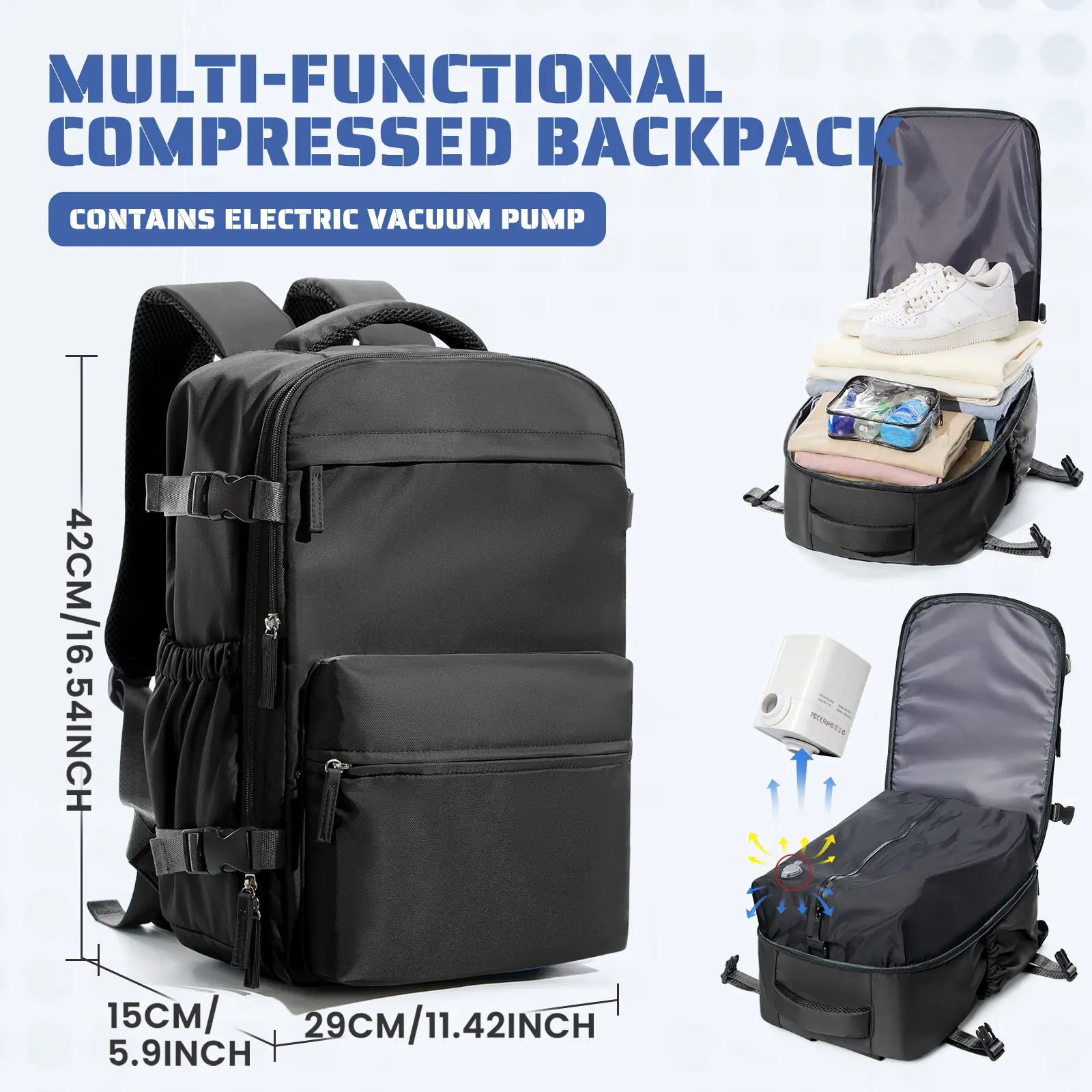 Vacuum-Sealed Travel Backpack with Pump, TSA Carry-On for Air Flights, Unisex Laptop Backpack, Weekender Duffel Compression Bag with Vacuum System personal item travel bag