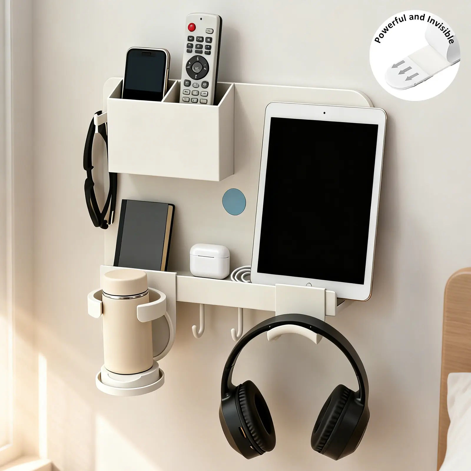 WallShelfie Bedside Wall Organizer & Dorm Decor - Dorm Room Essential, Floating Bedside Shelf Wall Mount Organizer, Remote Control Holder, Cool Teen Girls Trendy Stuff, Room Organization (White/Black)