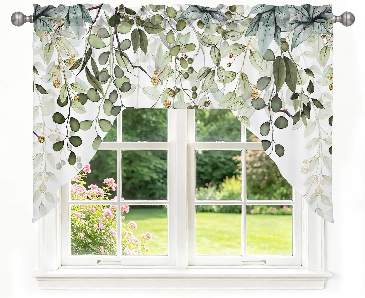 Sage Green Watercolor Eucalyptus Leaf Swag Curtain Valance, 56x36in Window Decor Short Topper for Kitchen, Bedroom