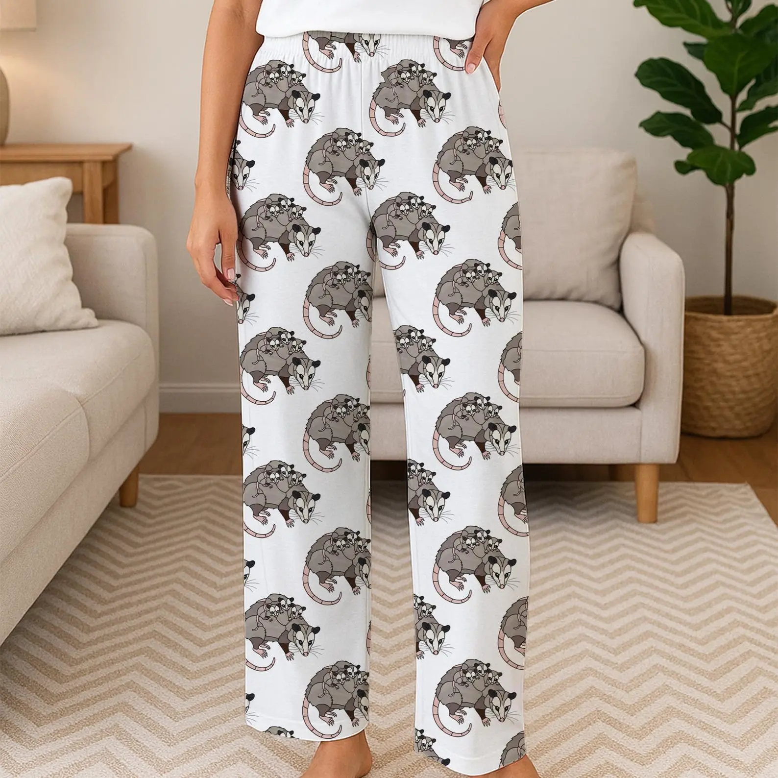Possum Mom Pajama Pants, Opossum Family Print Lounge Pants, Cute Animal Sleepwear for Women, Cozy Nature Inspired Gift
