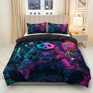 3PCS Duvet Cover Set, 1 Duvet+2 Pillowcases(Without filler),  Panda Cyberpunk Gaming Cat Urban theme, No Festival bedding set, Gamer Fantasy Colorful Unique Suitable for decoration bedroom living room dorm apartment.