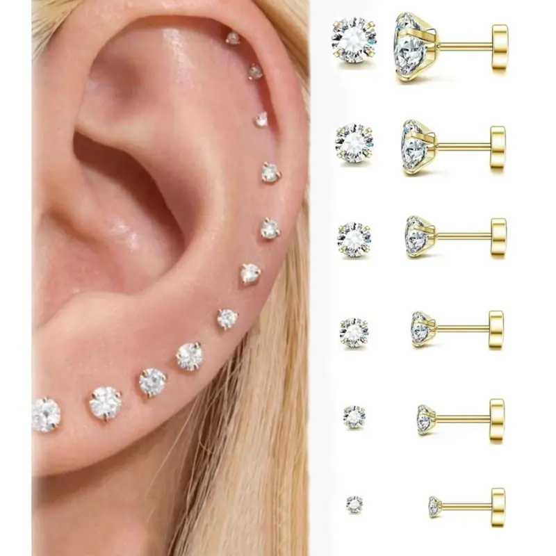 Women's 20G Hypoallergenic Flat Back Stud Earrings Jewelry - 14K Gold, Silver Stainless Steel, Body-Safe Corrosion-Resistant, Birthstone Artificial Zircon, Sensitive Ear & Cartilage Use, Earring Stack Bright Earrings