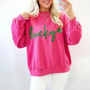 Mntaor Women's Rose Red Lucky Clover Embroidered Pullover Sweatshirt Perfect Gift & Lounge Essential