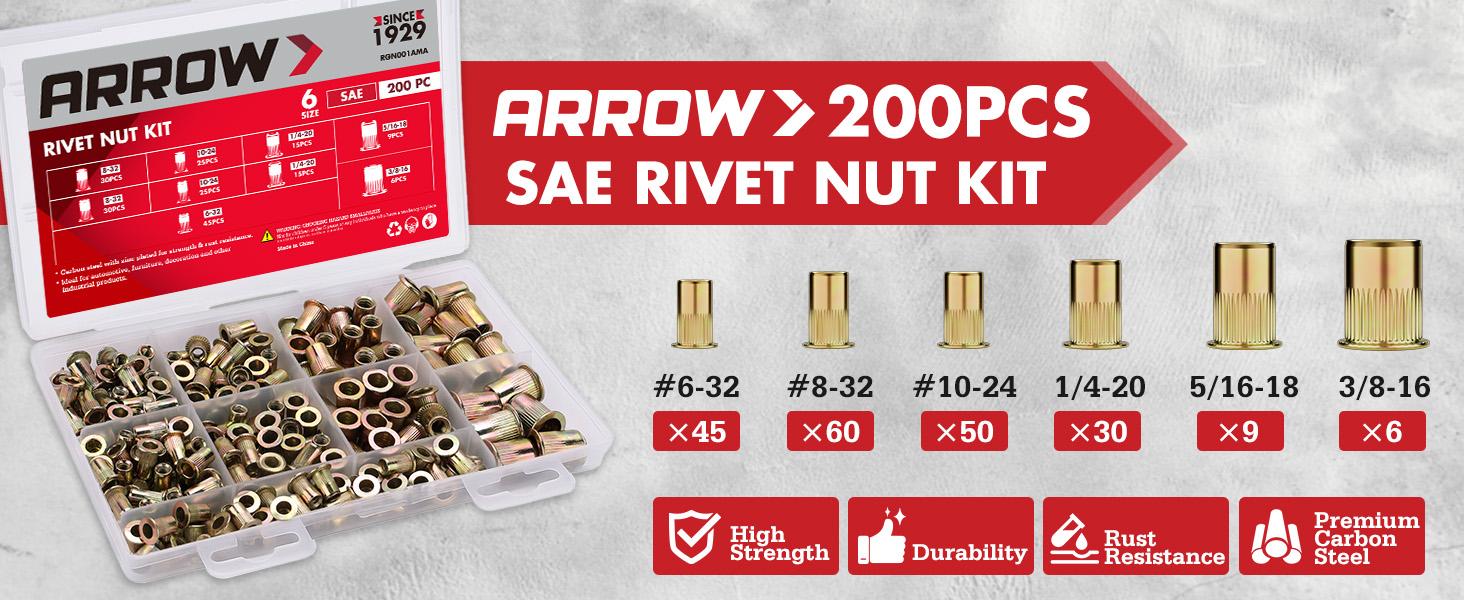 Arrow Rivet Nut Kit, 200pcs SAE High Carbon Steel Zinc Plated Rivnut Assortment Kit, Flat Head Threaded Insert Nutserts(#6-32, #8-32, #10-24,1/4"-20, 5/16"-18, 3/8"-16)