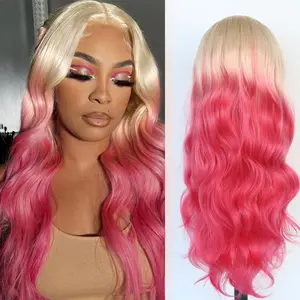Aodbar hairs Ombre Pink Color Body Wavy Lace Frontal Wig 13*4 HD Transparent Lace Wig Pre Plucked Natural Hairline Gluless 28 Inch Long Blonde and Pink Color Loose Wavy Wig for Woman Fashion Girls Heat Resistant Fiber Hair